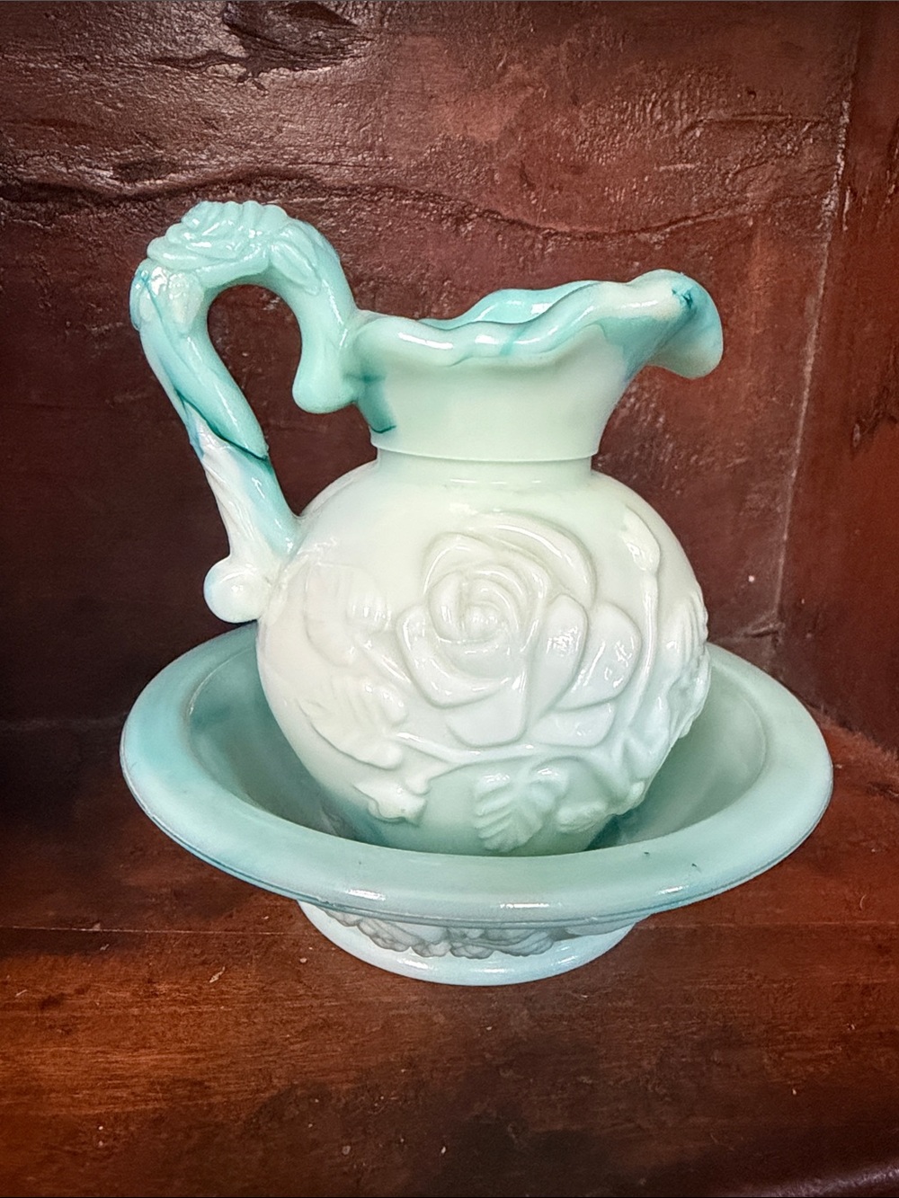Vintage Avon Slag glass “Jadite” Bowl and Pitcher Aqua